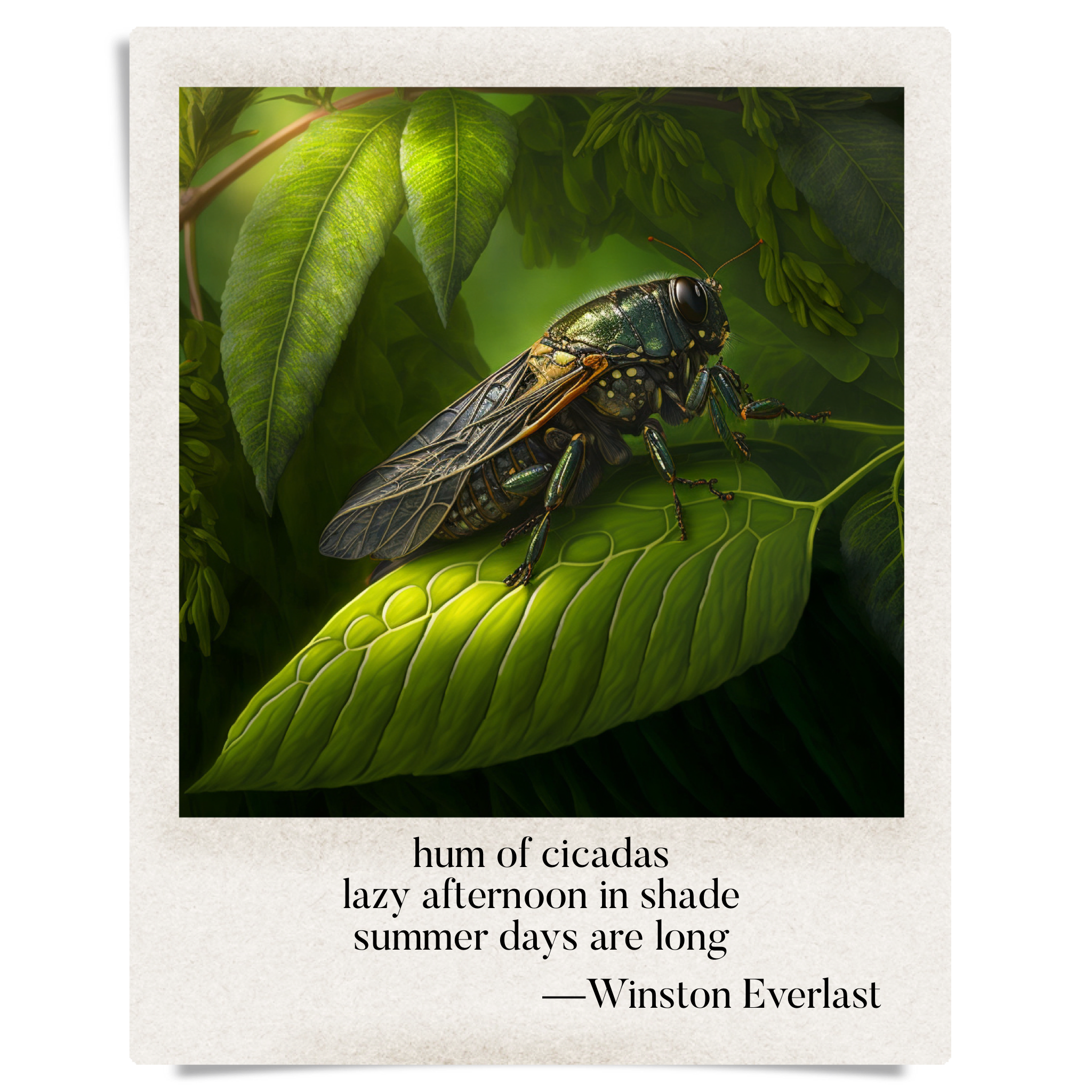 hum of cicadas / lazy afternoon in shade / summer days are long — haiga by Winston Everlast