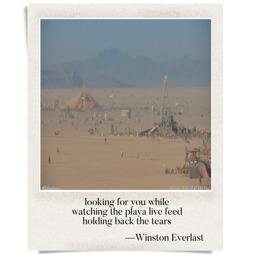 looking for you while / watching the playa live feed / holding back the tears — haiga by Winston Everlast