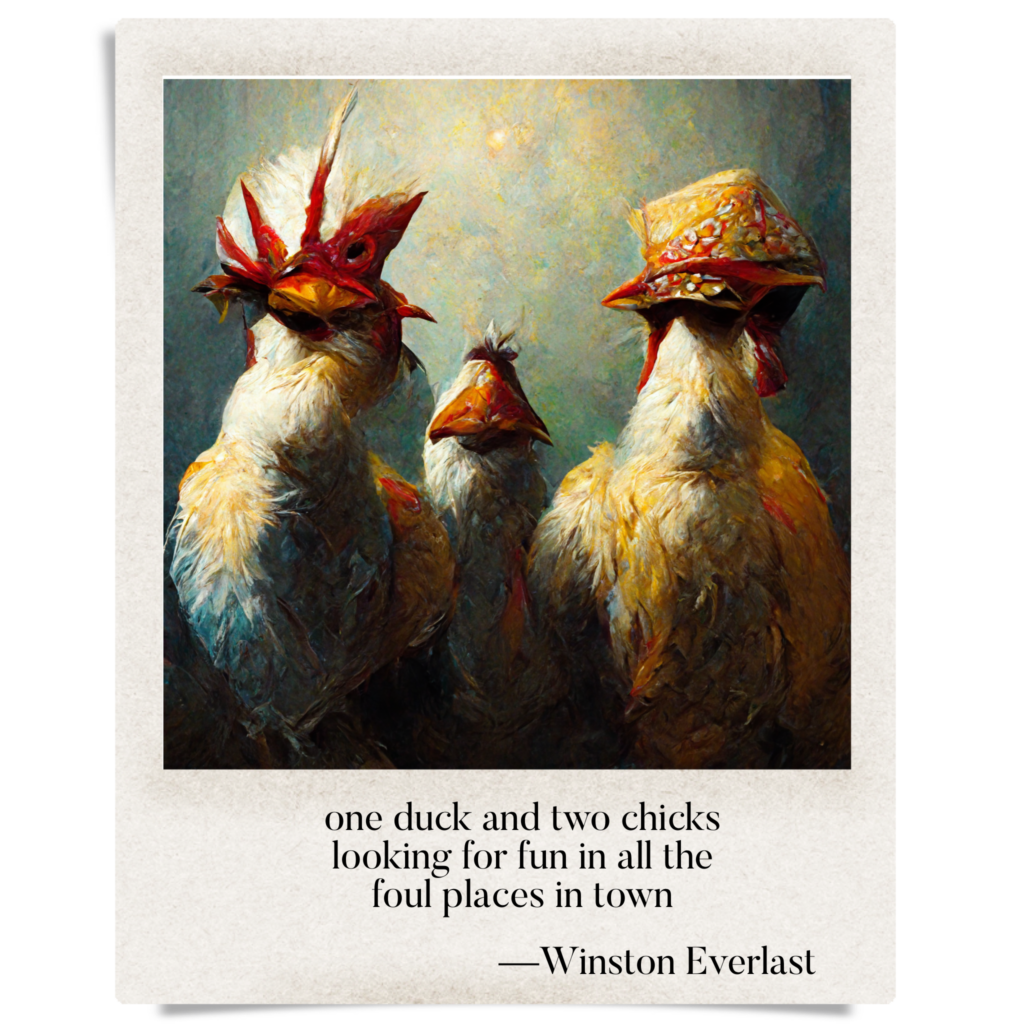 one duck and two chicks / looking for fun in all the / foul places in town — haiga by Winston Everlast