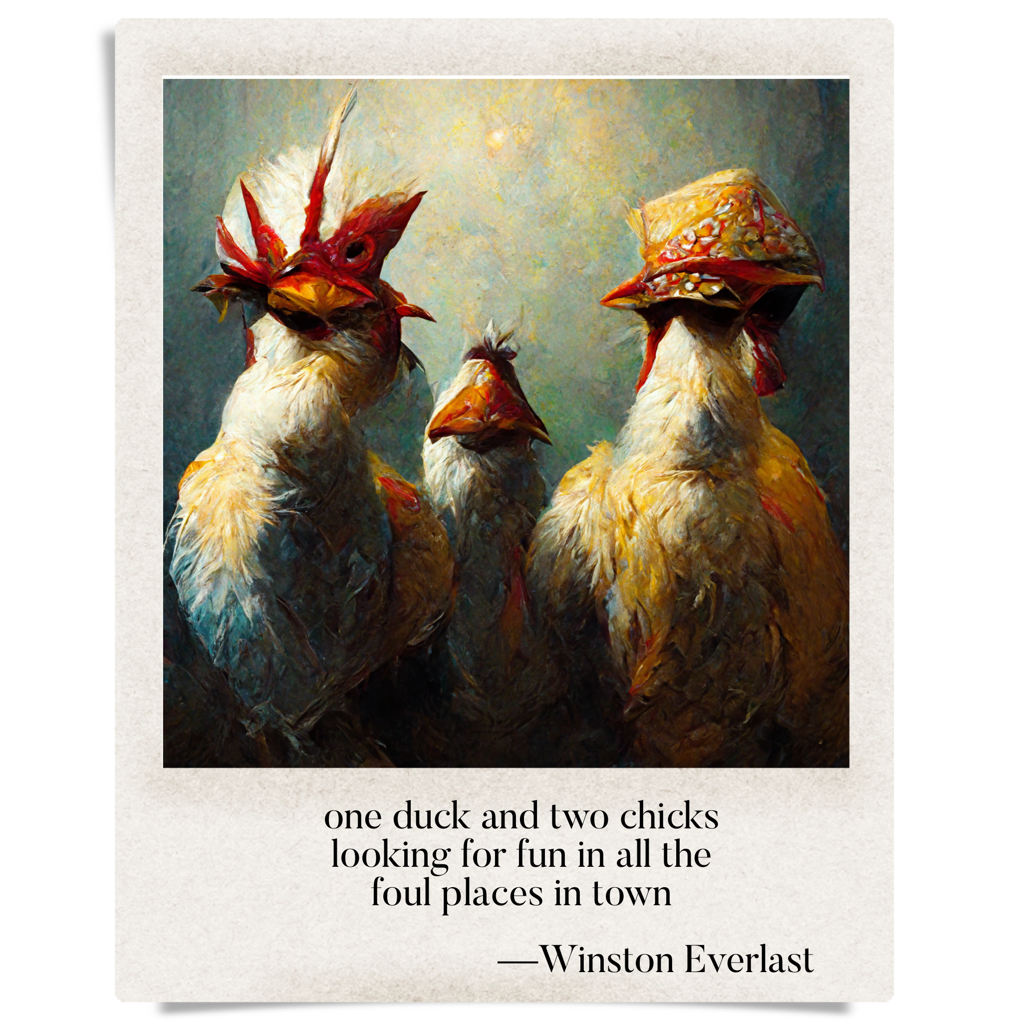 one duck and two chicks / looking for fun in all the / foul places in town — haiga by Winston Everlast