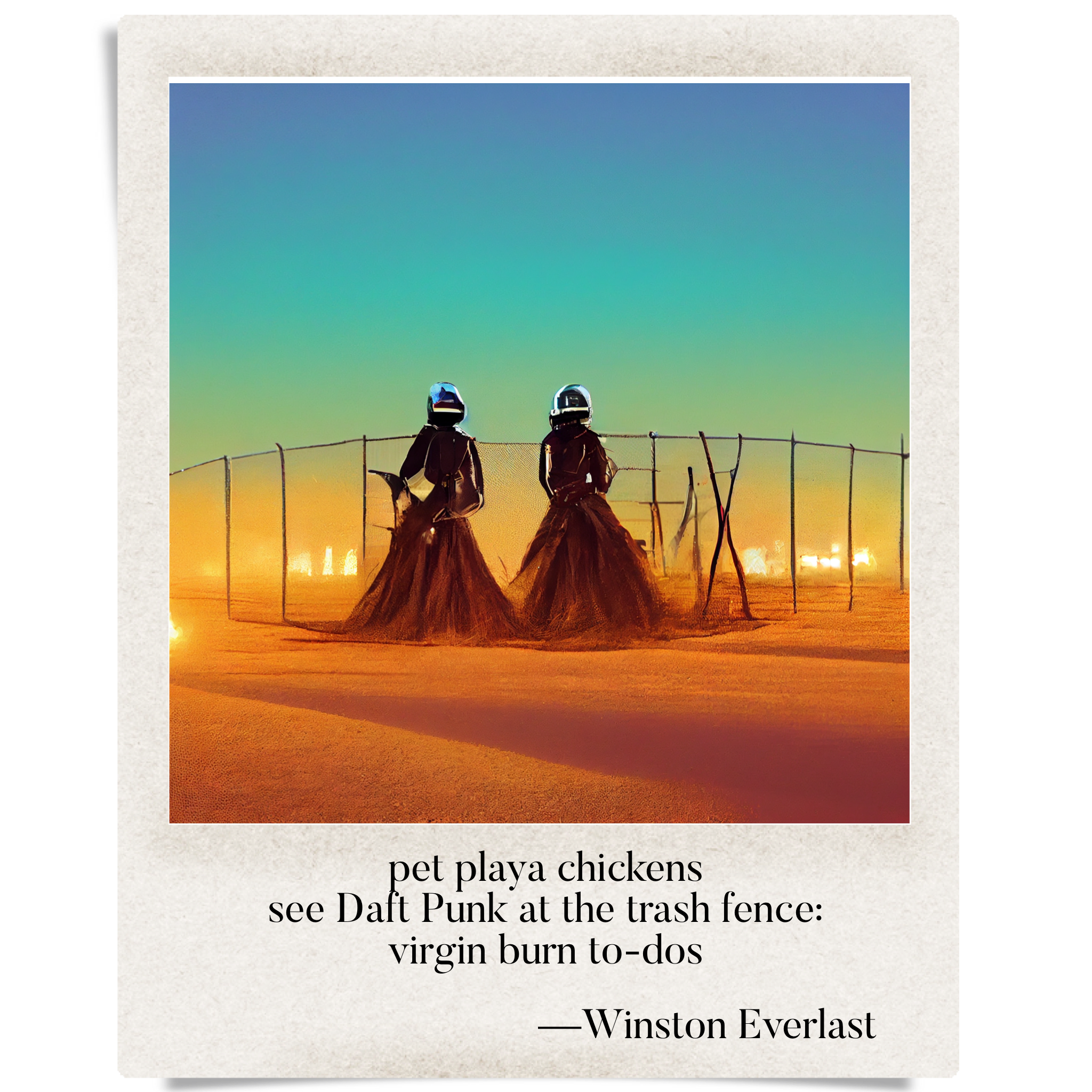 pet playa chickens / see Daft Punk at the trash fence: / virgin burn to-dos — haiga by Winston Everlast