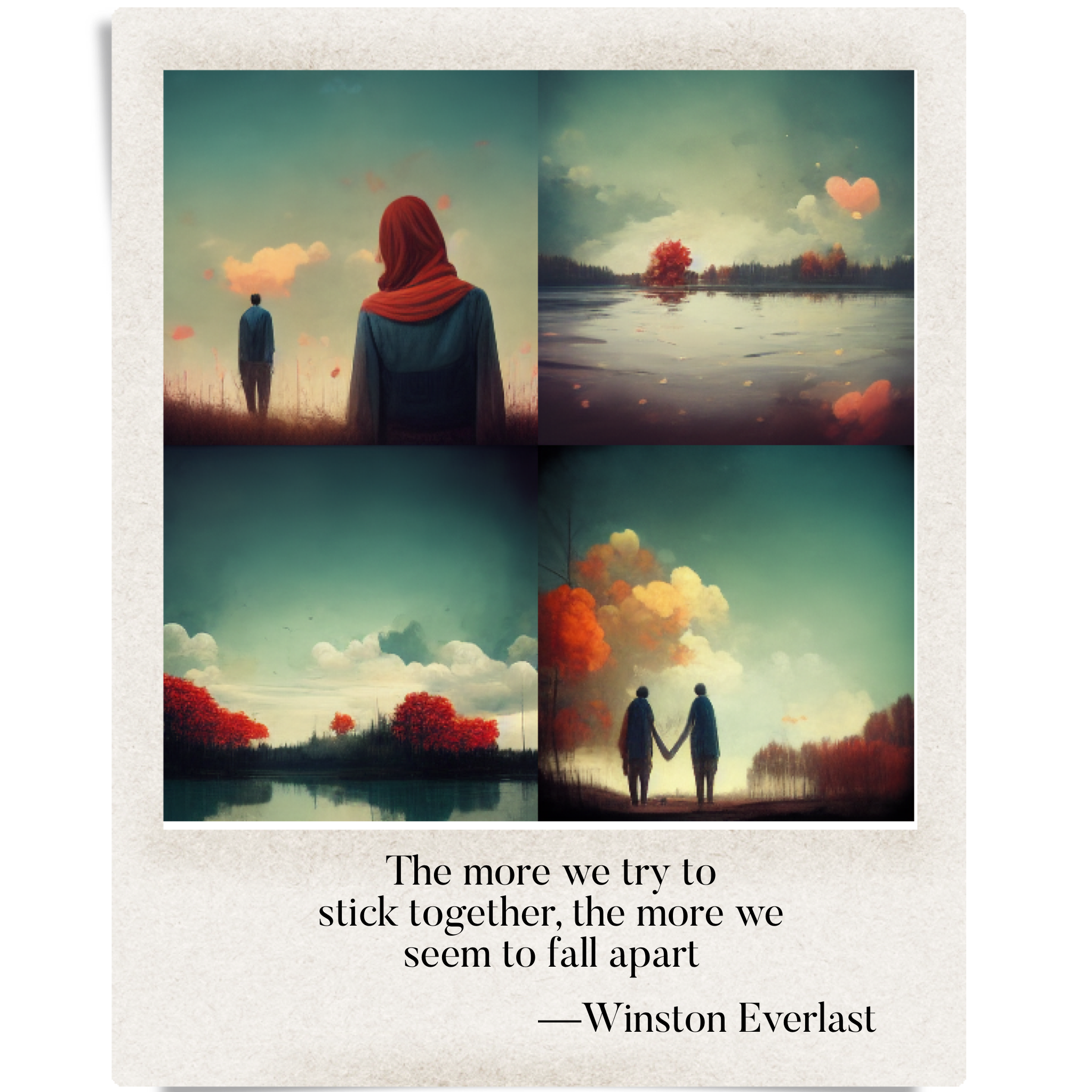 The more we try to / stick together, the more we / seem to fall apart — haiga by Winston Everlast