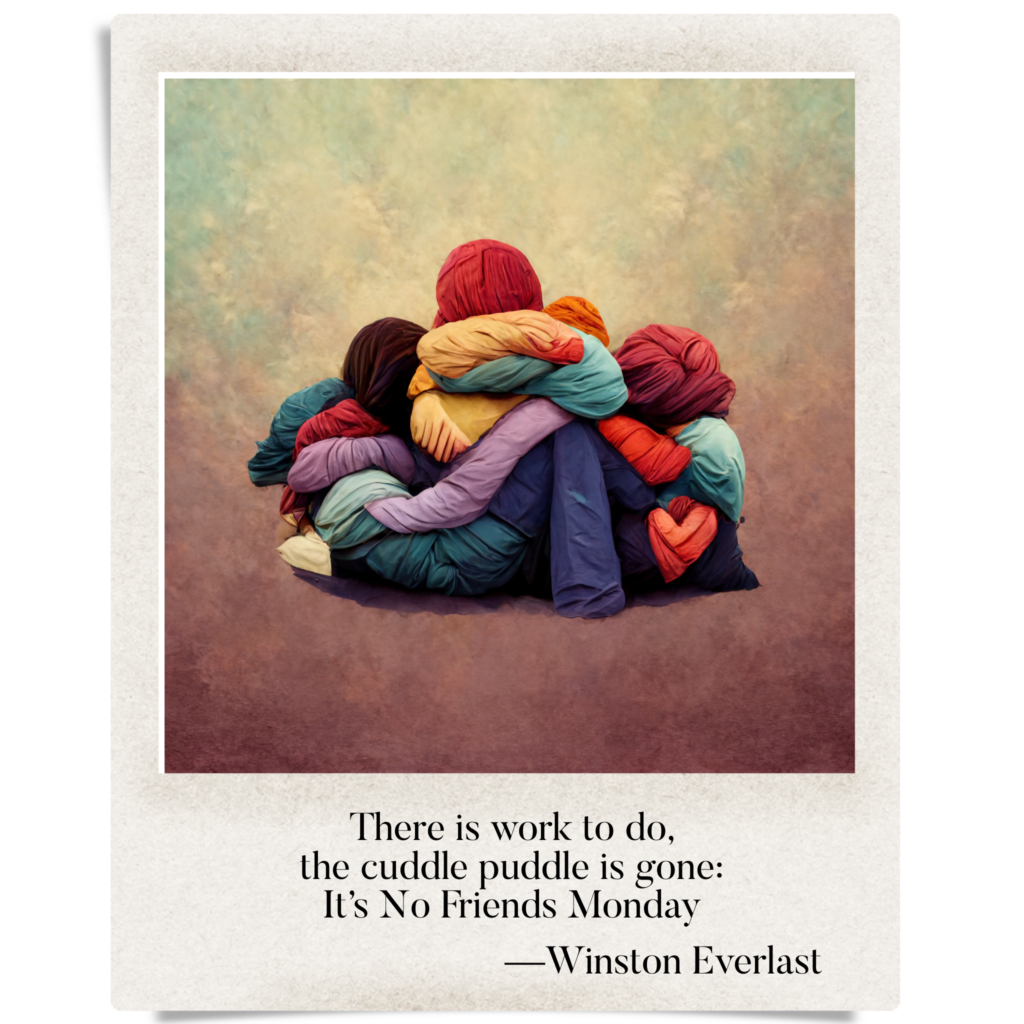 There is work to do, / the cuddle puddle is gone: / It's No Friends Monday — haiga by Winston Everlast