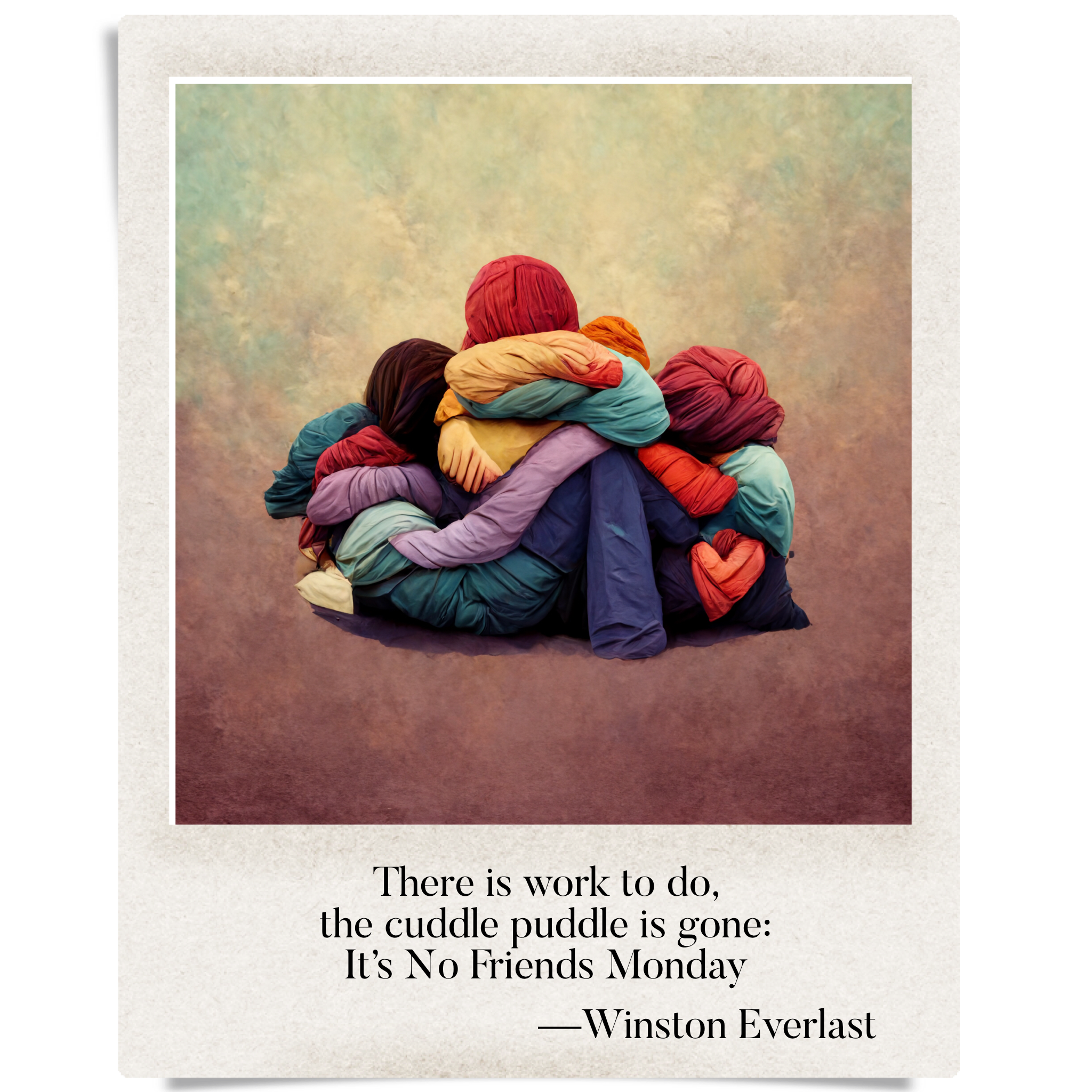 There is work to do, / the cuddle puddle is gone: / It's No Friends Monday — haiga by Winston Everlast