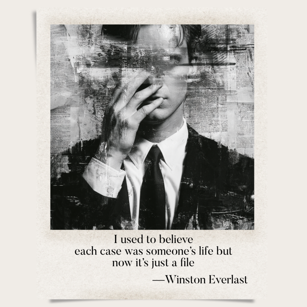 I used to believe / each case was someone's life but / now it's just a file — haiga by Winston Everlast