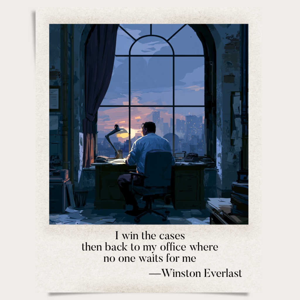 I win the cases / then back to my office where / no one waits for me — haiga by Winston Everlast