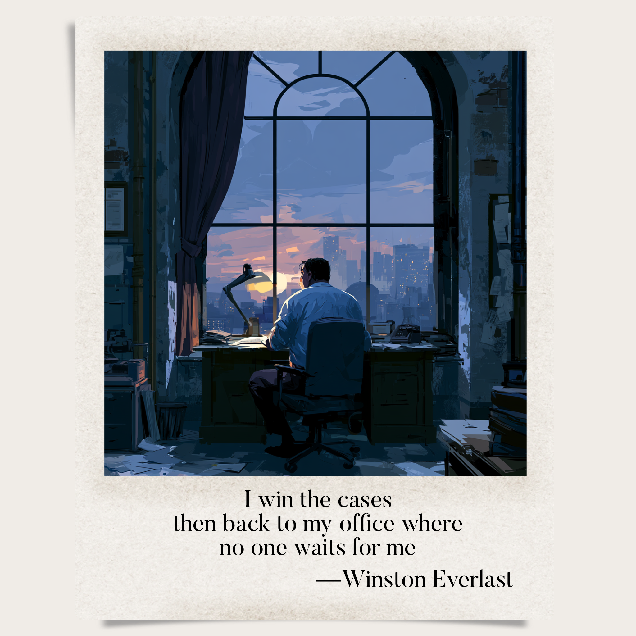 I win the cases / then back to my office where / no one waits for me — haiga by Winston Everlast