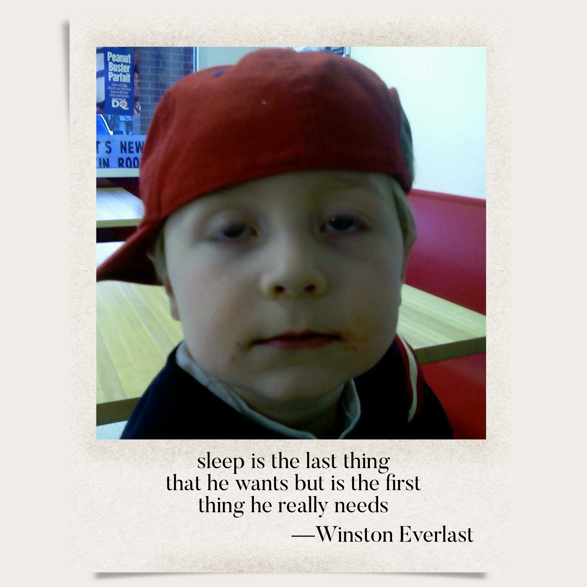 sleep is the last thing / that he wants but is the first / thing he really needs — haiga by Winston Everlast