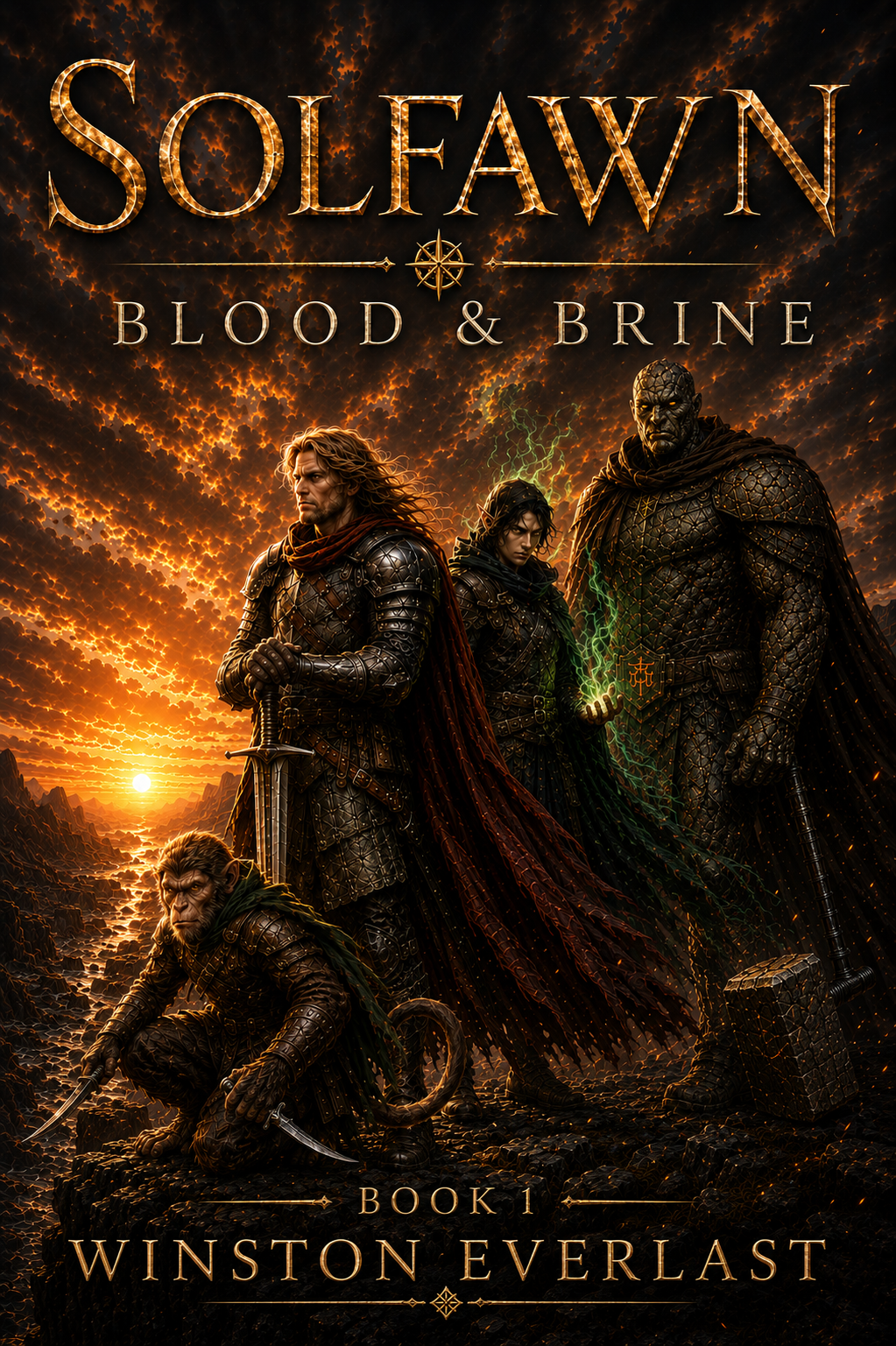 Solfawn: Blood & Brine book cover — the four heroes before a burning sky