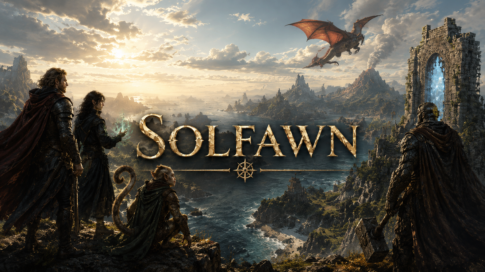Solfawn — the party overlooking the island world, a dragon in the sky