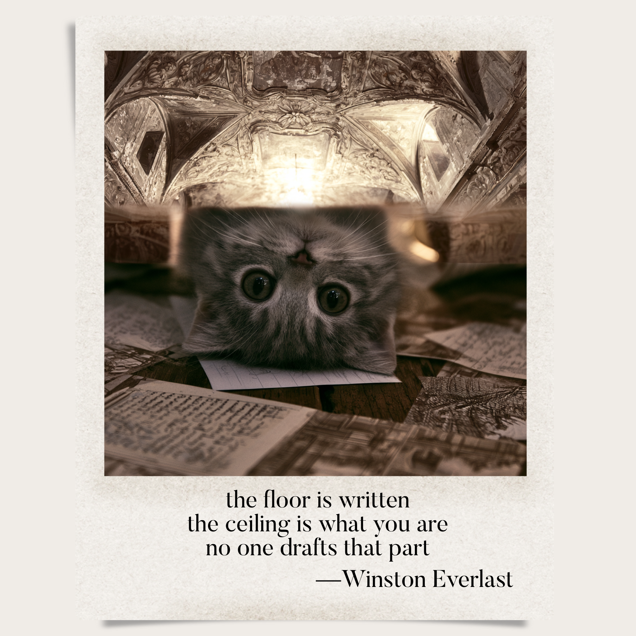 the floor is written / the ceiling is what you are / no one drafts that part — haiga by Winston Everlast