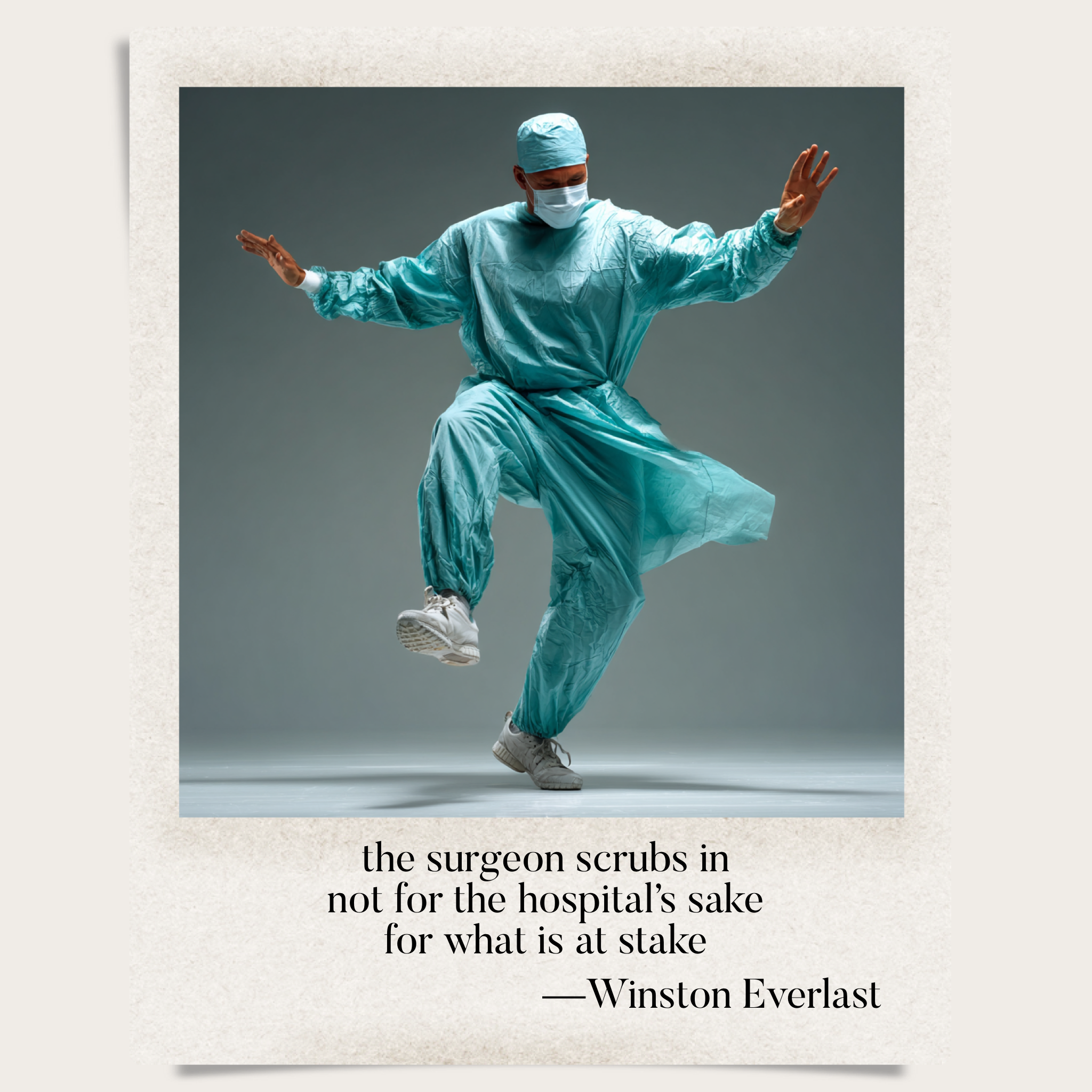 the surgeon scrubs in / not for the hospital's sake / for what is at stake — haiga by Winston Everlast