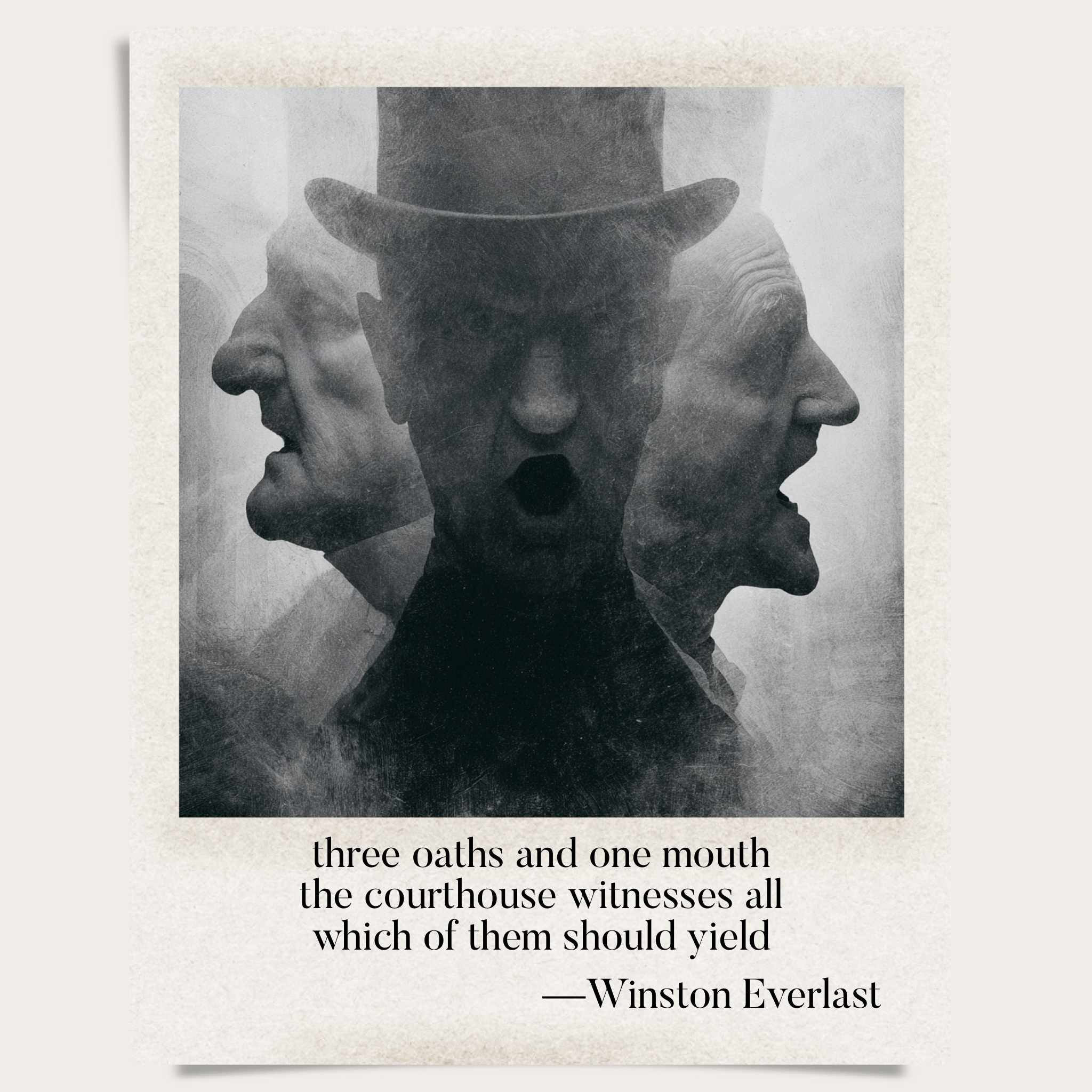 three oaths and one mouth / the courthouse witnesses all / which of them should yield — haiga by Winston Everlast