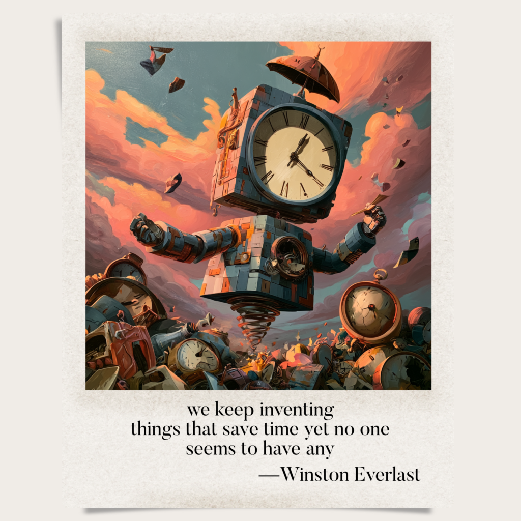 we keep inventing / things that save time yet no one / seems to have any — haiga by Winston Everlast