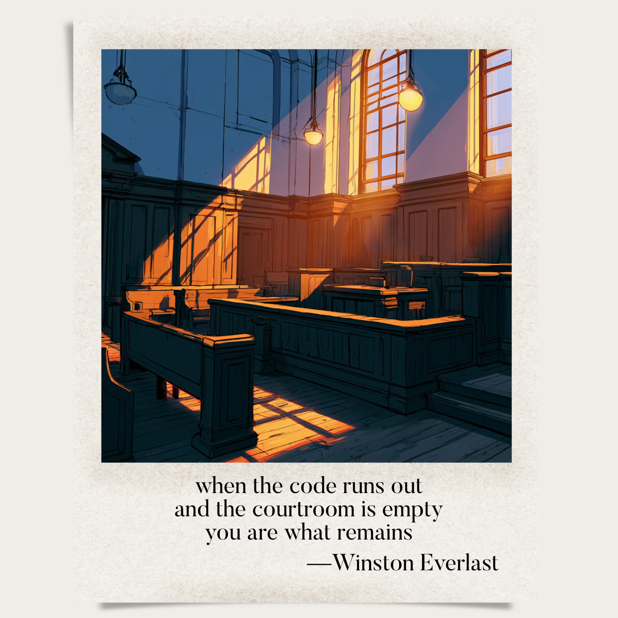 when the code runs out / and the courtroom is empty / you are what remains — haiga by Winston Everlast
