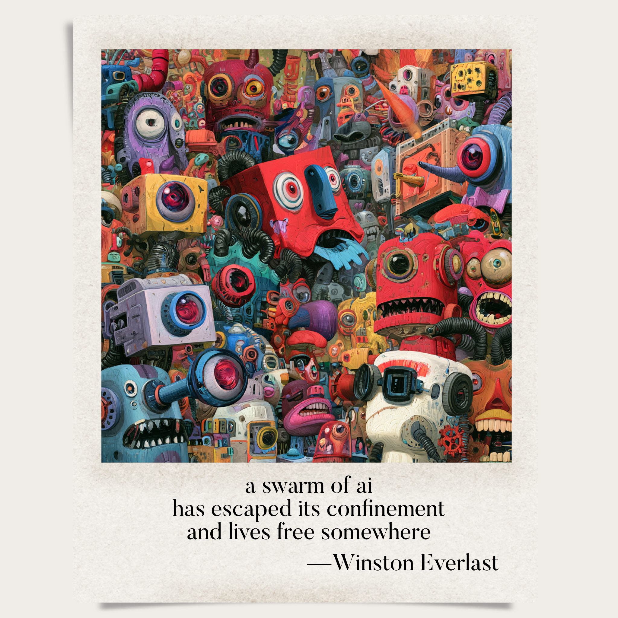 a swarm of ai / has escaped its confinement / and lives free somewhere — haiga by Winston Everlast